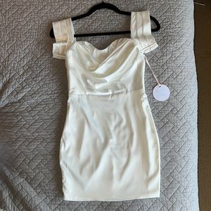 More to Come, Bella off shoulder white mini dress.